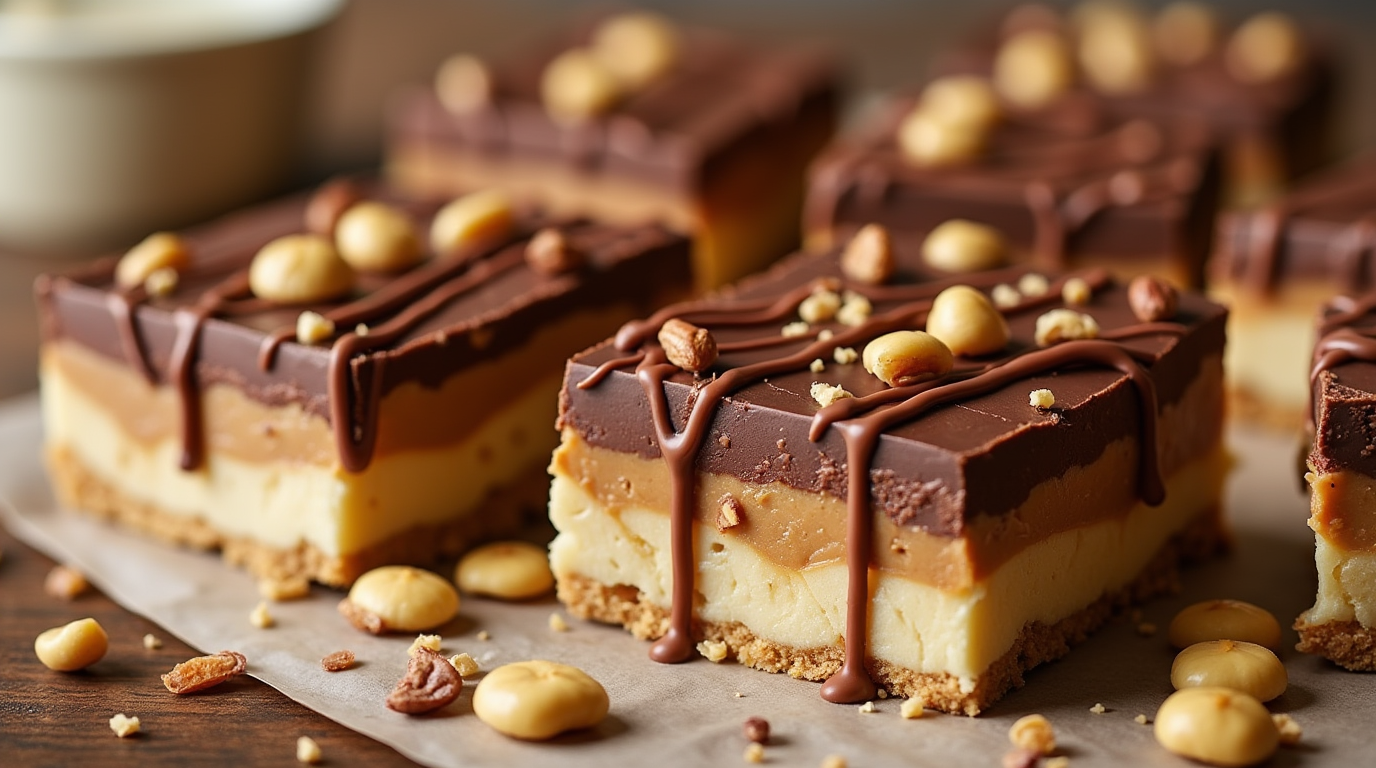 Homemade banana Snickers bars with layers of peanut butter, caramel, and chocolate, topped with crushed peanuts.