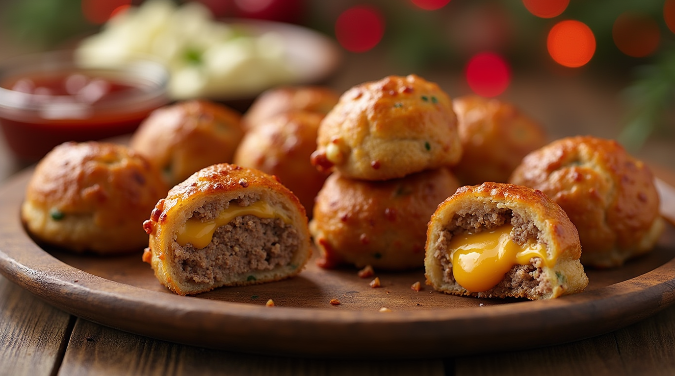A close-up of cheesy stuffed meatloaf bites, golden brown on the outside, with melted cheese oozing from the center, served on a wooden platter with a side of dipping sauce.