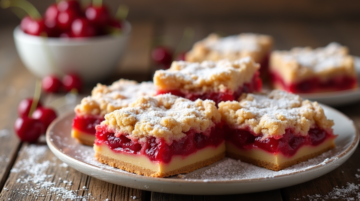 Delicious cherry pie bars with a golden crumb topping and bright red cherry filling, cut into squares and placed on a white plate with fresh cherries.