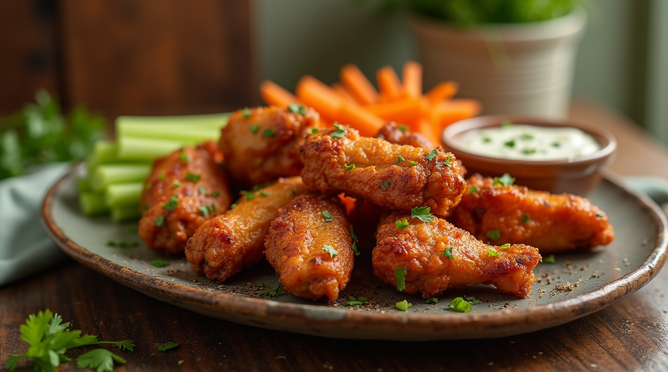 A plate of crispy, golden-brown air fryer chicken wings, garnished with fresh herbs and served with dipping sauces.