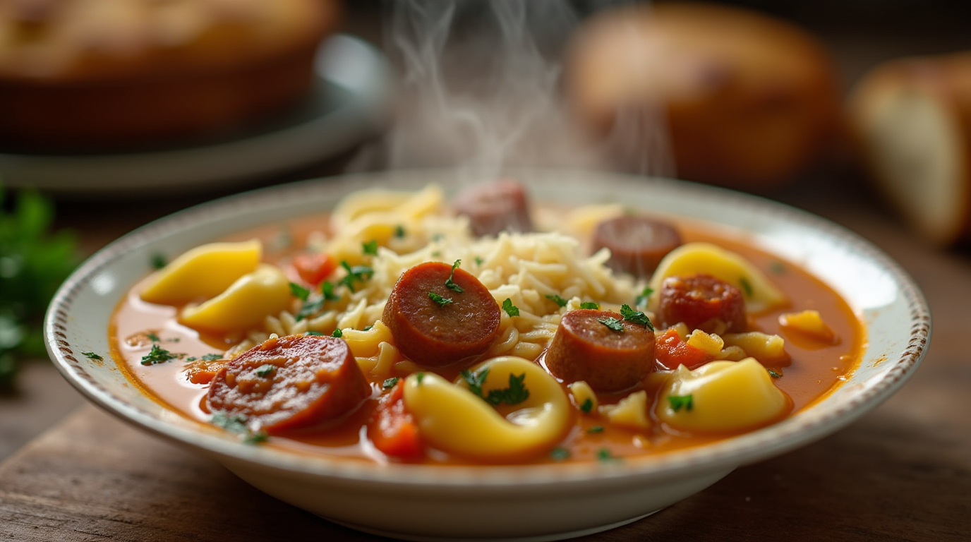 A bowl of creamy crockpot tortellini soup with sausage, spinach, and tomatoes, garnished with fresh herbs.