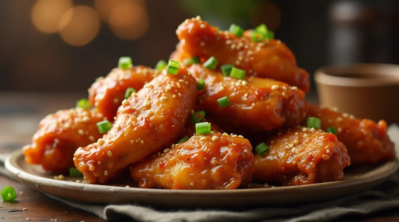 A plate of crispy, golden-brown Chinese restaurant-style fried chicken wings garnished with green onions and served with a side of dipping sauce.