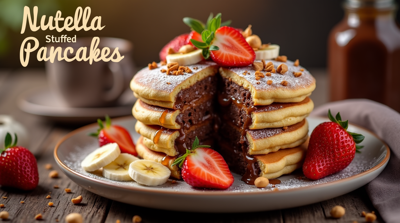A stack of fluffy pancakes with a gooey Nutella filling, topped with fresh berries and a dusting of powdered sugar.