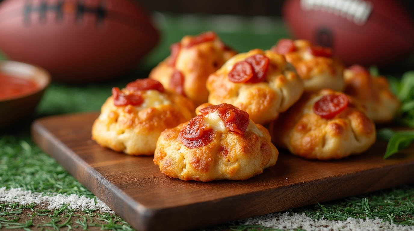 Golden, flaky pastry puffs filled with melted cheese, savory pepperoni slices, and rich tomato sauce, served on a wooden board.