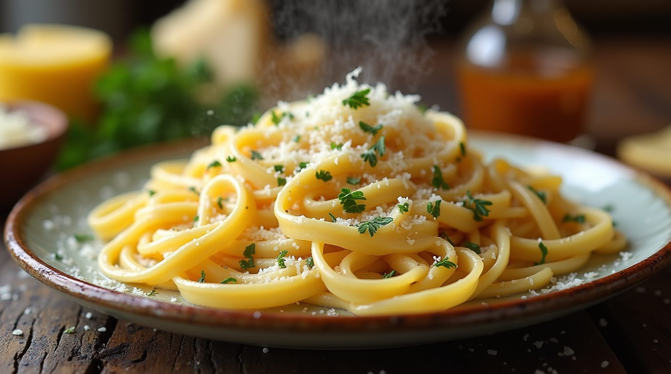 A plate of creamy fettuccine Alfredo, coated in a rich Parmesan garlic sauce, garnished with fresh parsley and black pepper.