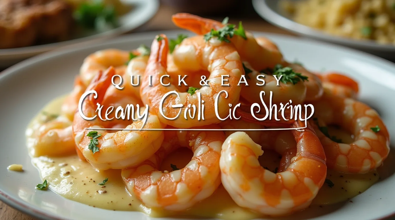 A skillet filled with creamy garlic shrimp, garnished with fresh parsley and served with a side of lemon wedges.