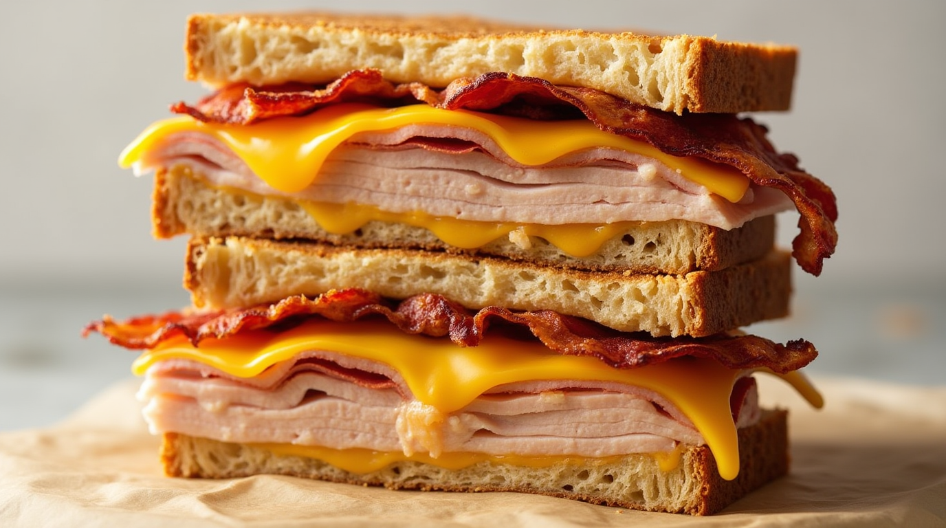 A golden-brown sourdough sandwich filled with melted cheddar cheese, crispy bacon, and sliced turkey, served with a side of pickles.