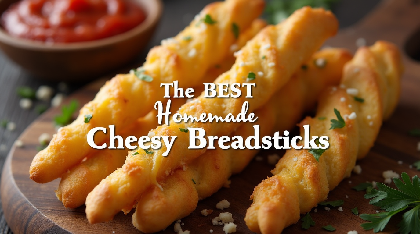 A batch of golden, homemade cheesy breadsticks sprinkled with herbs, served on a wooden board with a side of marinara sauce.