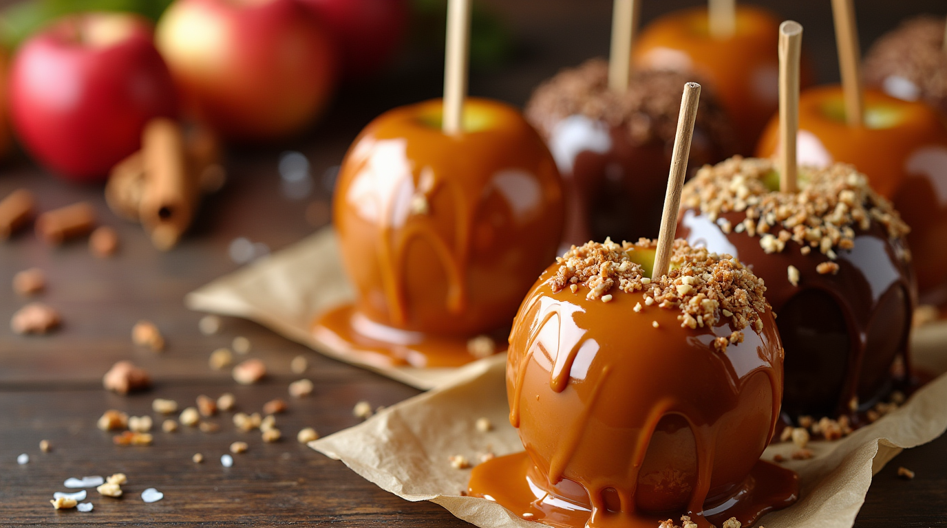 Glossy caramel apples on a wooden board, some drizzled with chocolate and sprinkled with nuts, with wooden sticks inserted for easy handling.