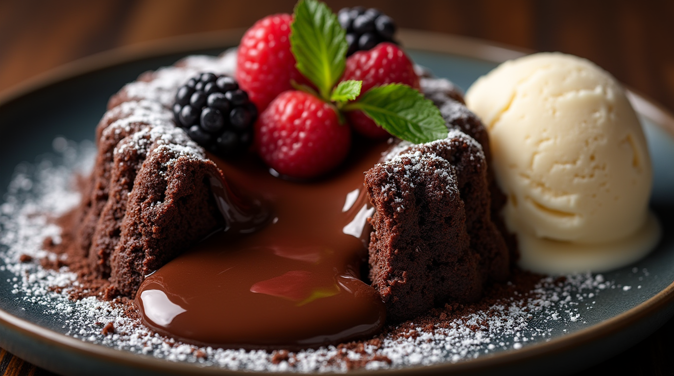 A rich and decadent chocolate lava cake with a gooey molten center, dusted with powdered sugar and garnished with fresh berries on a white plate.