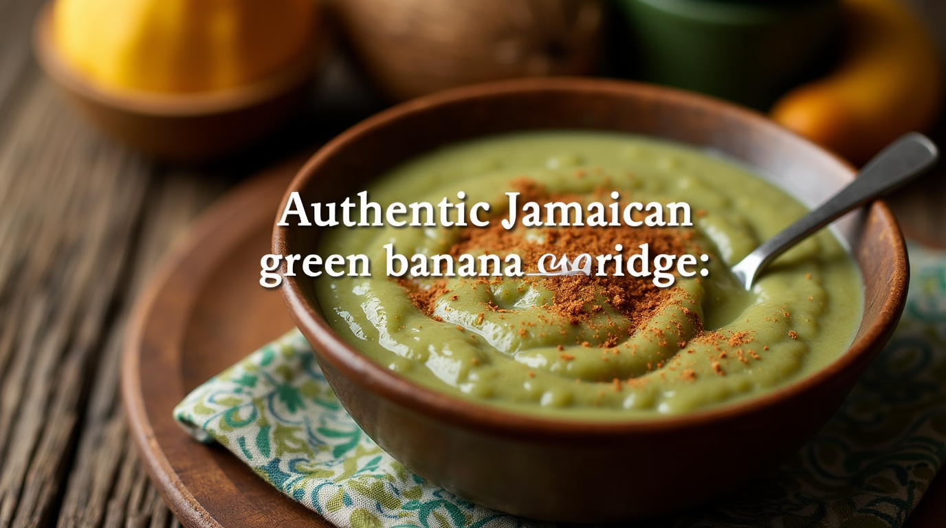 A warm bowl of authentic Jamaican green banana porridge, topped with a sprinkle of cinnamon and a drizzle of condensed milk.