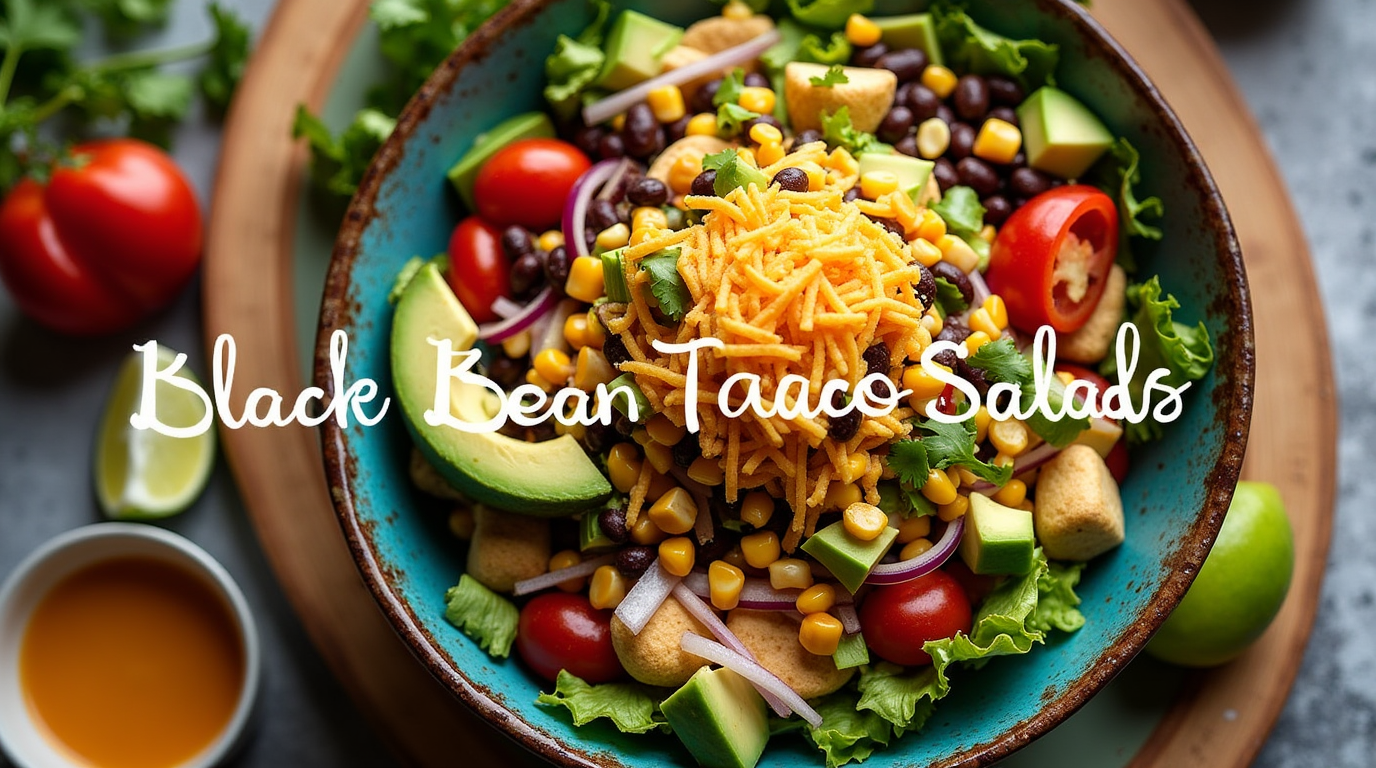 A vibrant black bean taco salad served in a bowl, topped with creamy salsa dressing, fresh veggies, and crispy tortilla strips.