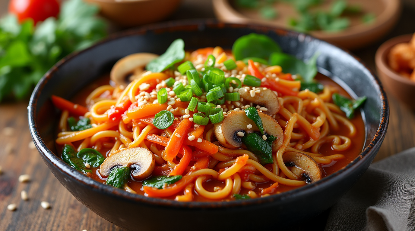 A bowl of Easy Saucy Ramen Noodles with a rich, flavorful sauce, garnished with sesame seeds, green onions, and red pepper flakes for a delicious vegan meal.