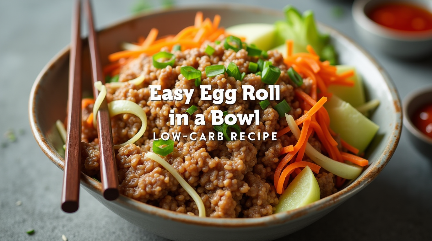 A bowl of easy egg roll in a bowl with seasoned ground meat, shredded cabbage, carrots, and green onions, topped with sesame seeds.