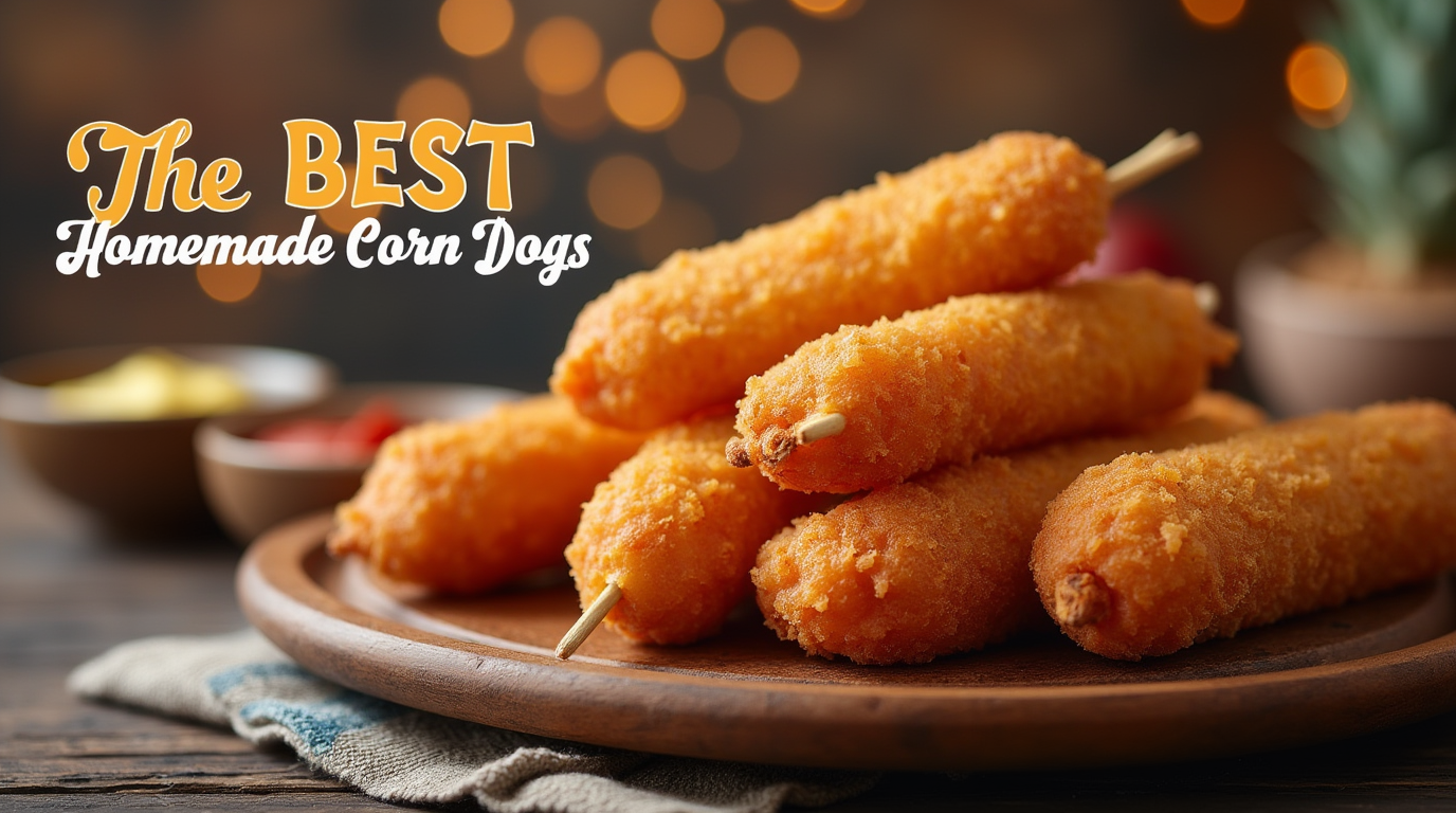 A plate of crispy, golden homemade corn dogs on wooden sticks, served with ketchup and mustard for dipping.