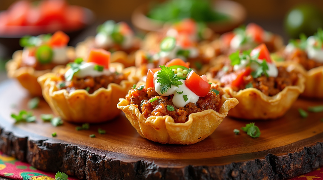 Crispy wonton taco cups filled with seasoned ground beef, cheese, and fresh toppings like lettuce, tomatoes, and sour cream.