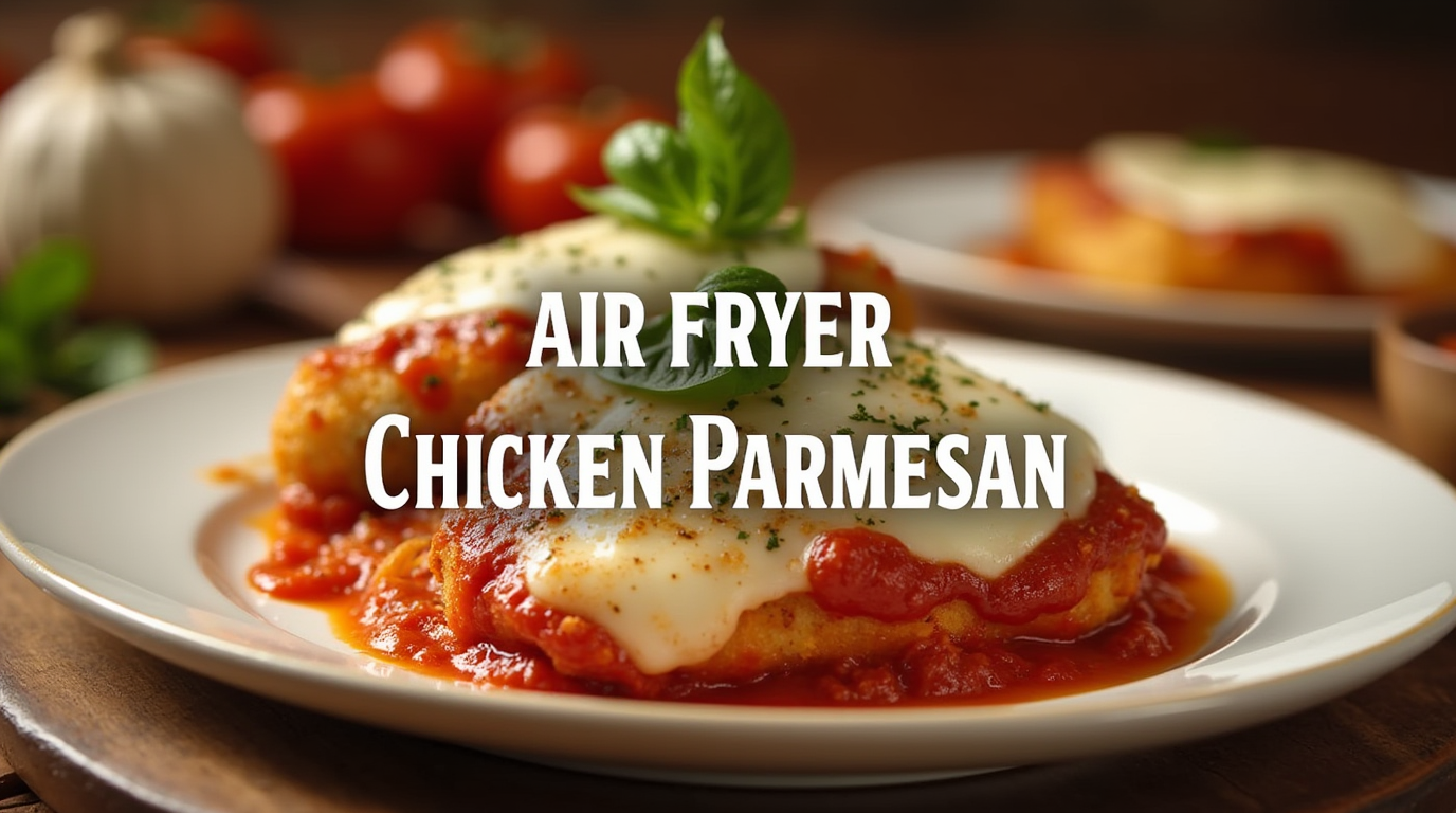 A golden, crispy air fryer chicken parmesan topped with marinara sauce and melted mozzarella cheese, garnished with fresh basil, served on a white plate.