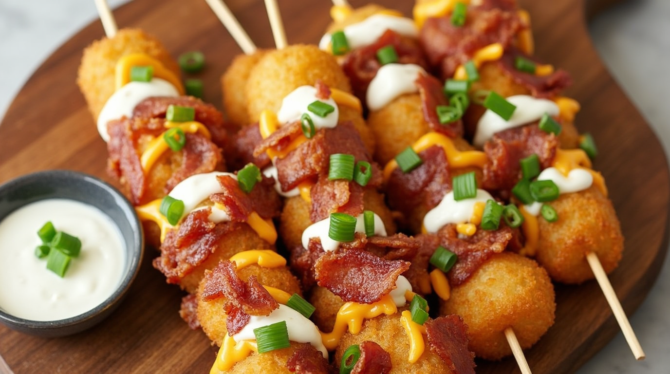 A plate of crispy tater tot skewers loaded with melted cheese, bacon bits, and green onions, served with a side of dipping sauce.
