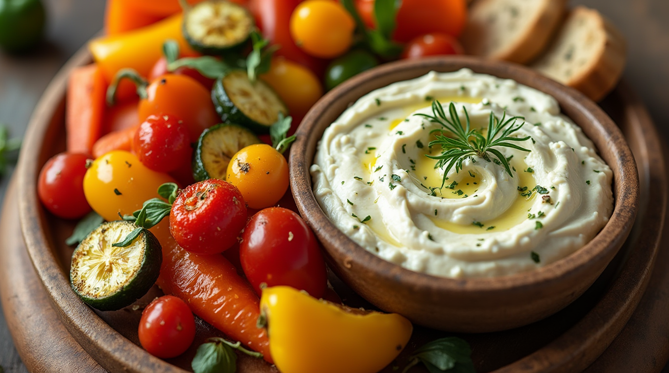 A plate of colorful garlic-roasted vegetables, including bell peppers, zucchini, and carrots, served with a creamy whipped feta dip.