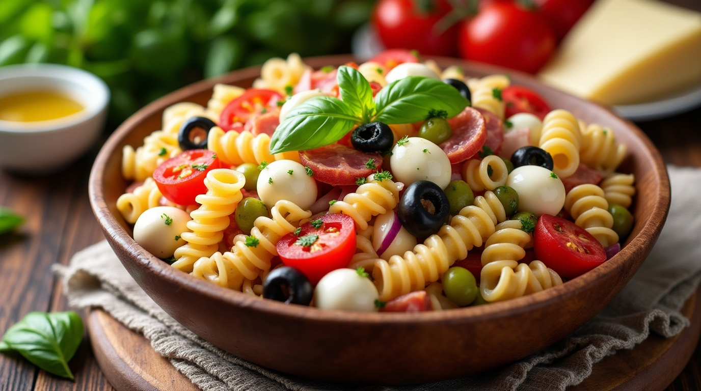 A colorful Italian antipasto pasta salad in a white bowl, featuring rotini pasta, cherry tomatoes, black olives, mozzarella balls, salami slices, and fresh basil.