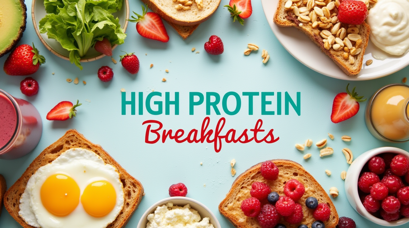A variety of high-protein breakfast options, including eggs, Greek yogurt with fruit, avocado toast with smoked salmon, and a protein smoothie.