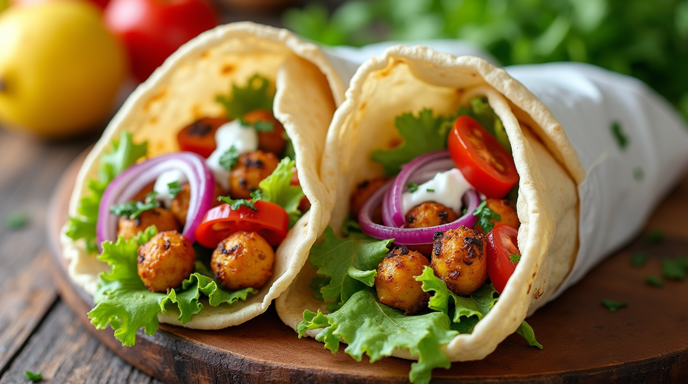 A flavorful roasted chickpea gyro wrapped in warm pita bread, topped with crisp lettuce, juicy tomatoes, red onions, and a creamy tzatziki sauce.