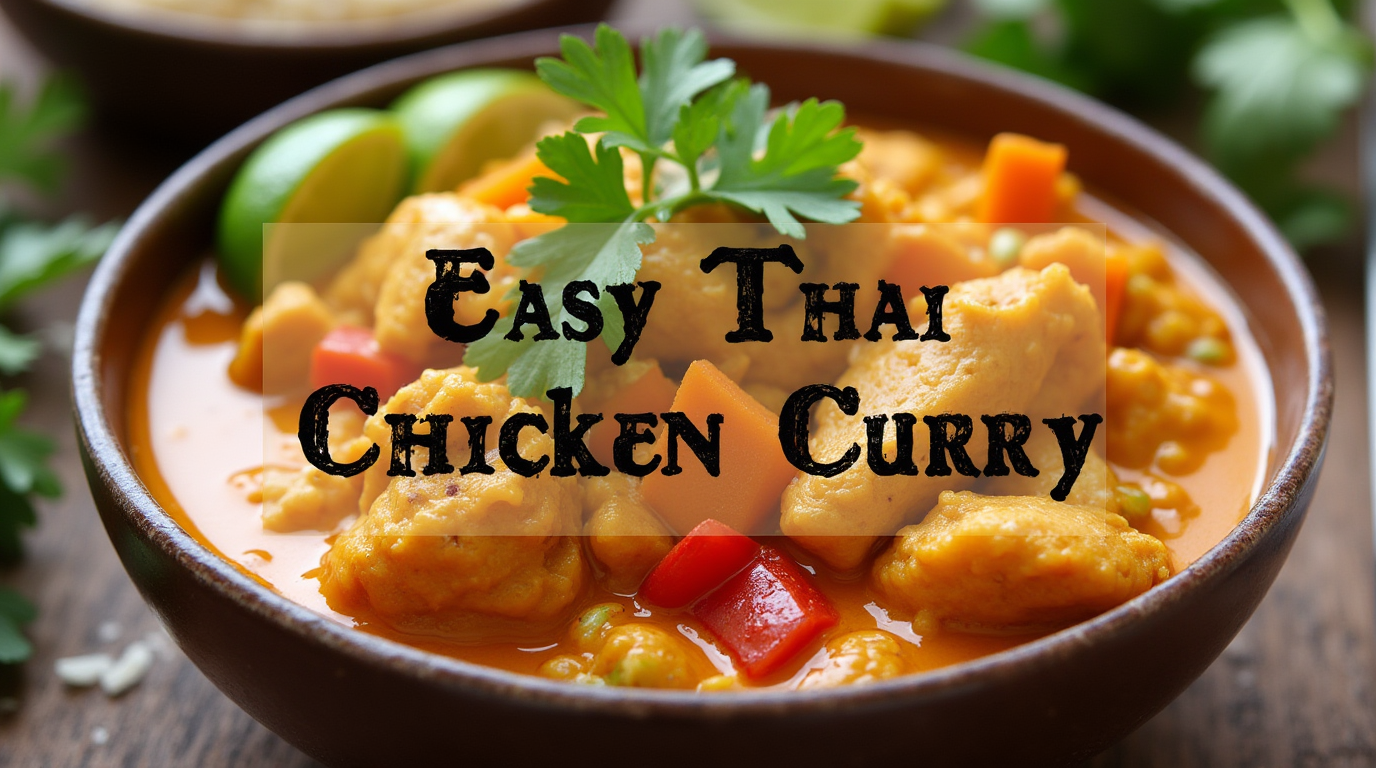 A bowl of creamy Thai chicken curry with vibrant vegetables, garnished with fresh herbs.