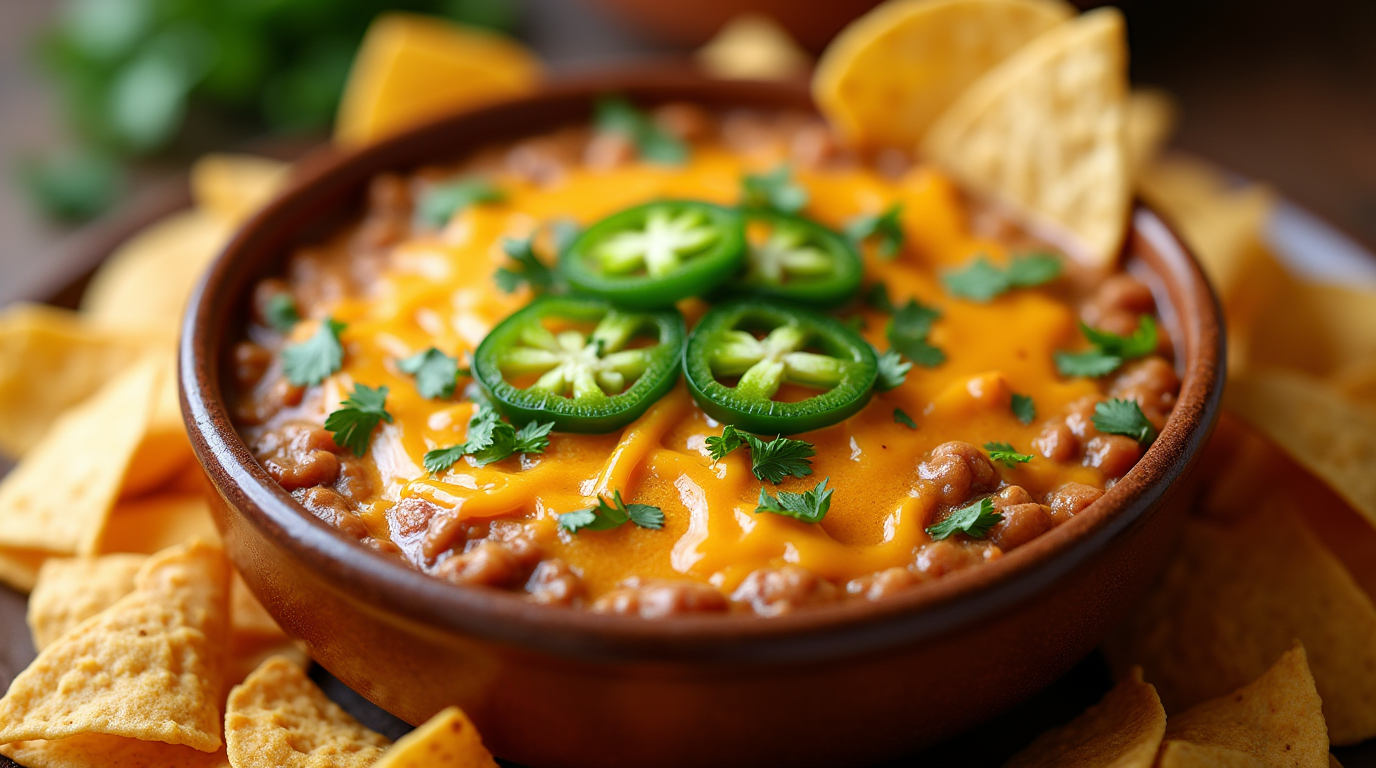 A creamy, cheesy refried bean dip topped with melted cheese, garnished with sour cream, and surrounded by tortilla chips.