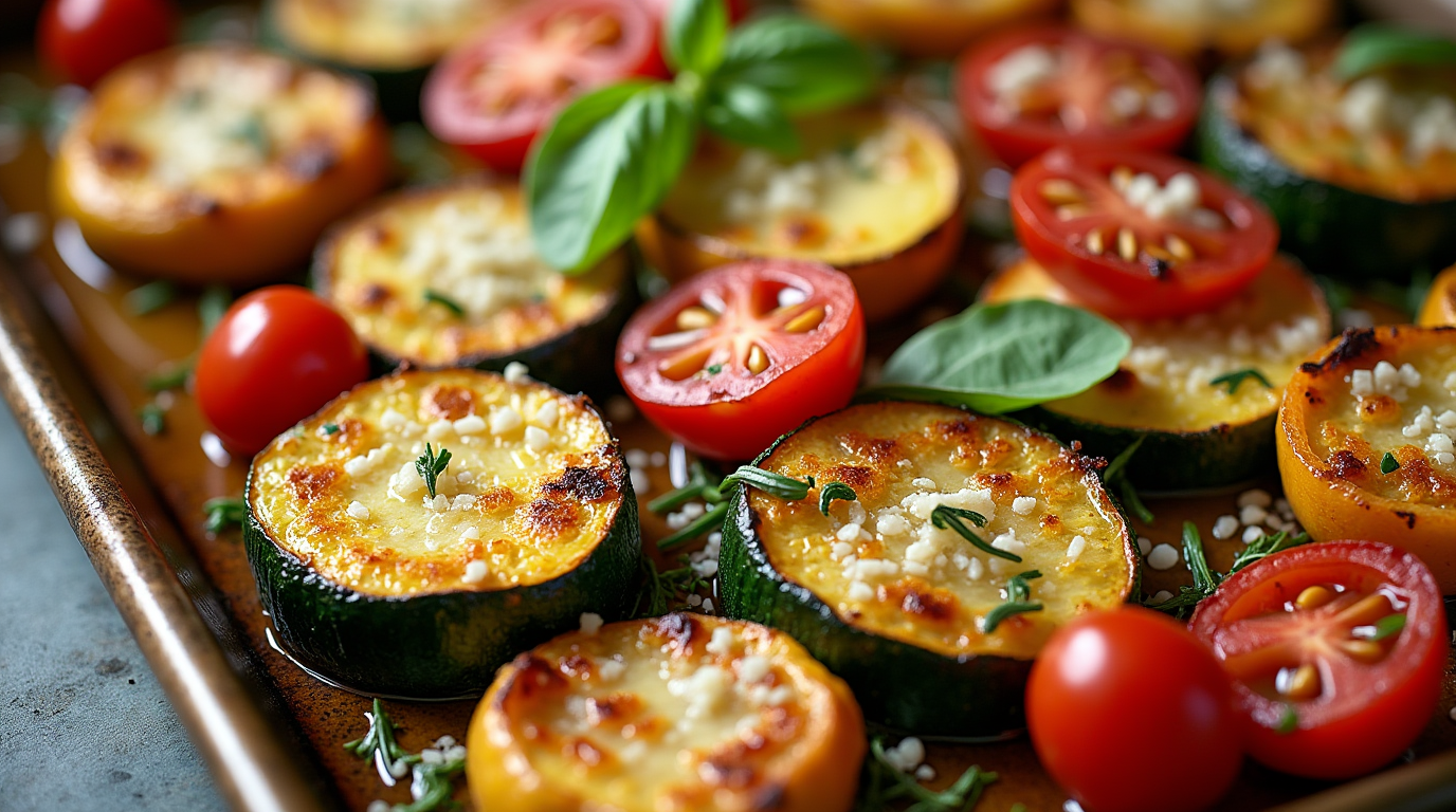 A delicious tray of roasted garlic-parmesan zucchini, squash, and tomatoes, garnished with fresh herbs and melted parmesan cheese.