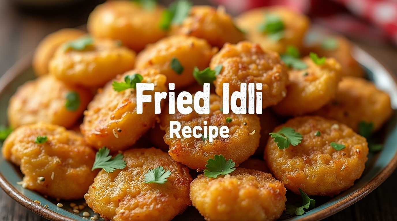A plate of crispy, golden-brown fried idli pieces garnished with fresh curry leaves and served with coconut chutney and sambar.
