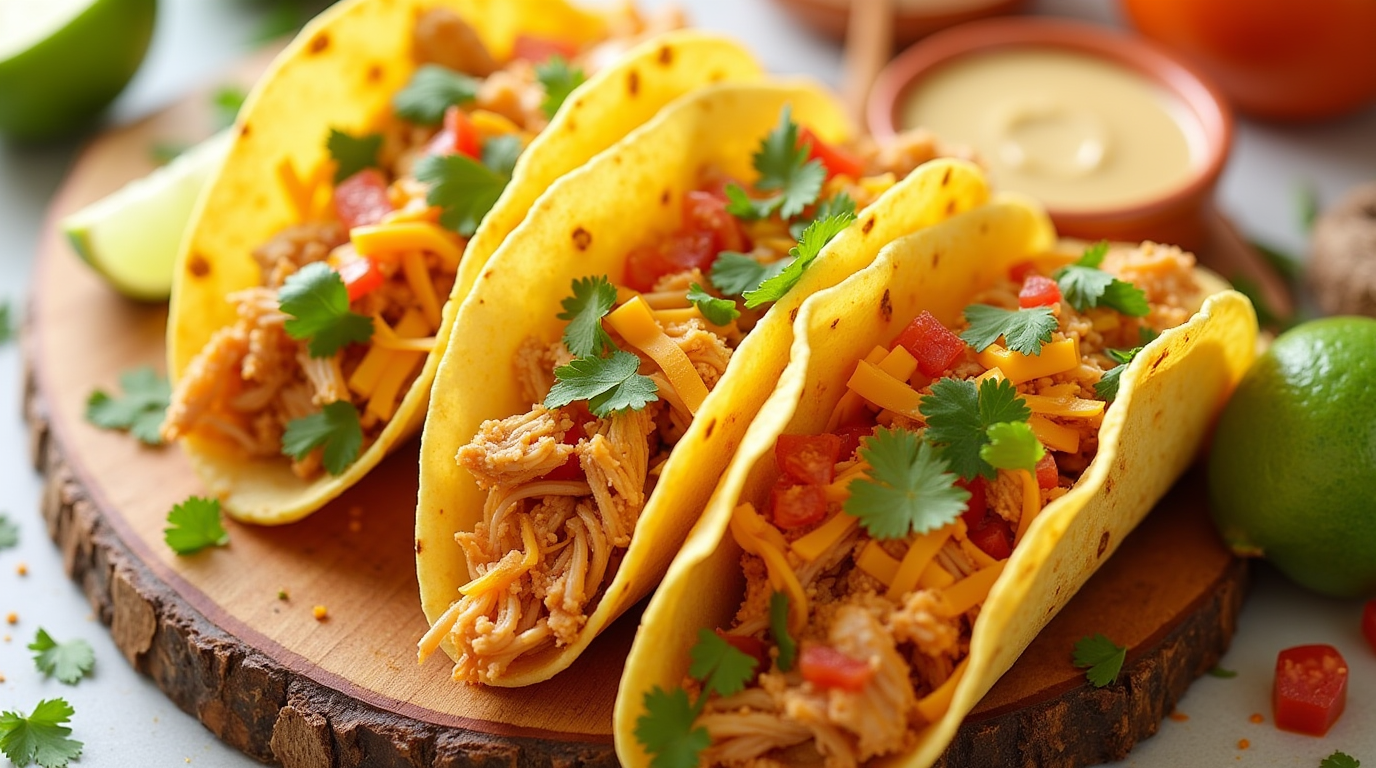 A plate of slow cooker queso chicken tacos topped with fresh cilantro and diced tomatoes, served with lime wedges.
