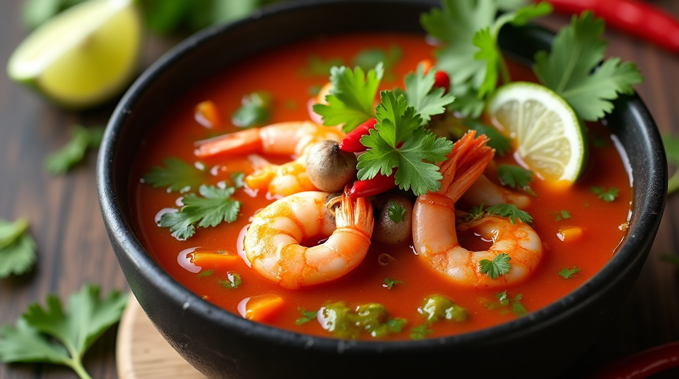 A steaming bowl of Tom Yum Soup with shrimp, mushrooms, lemongrass, and fresh herbs, garnished with red chili and lime wedges.