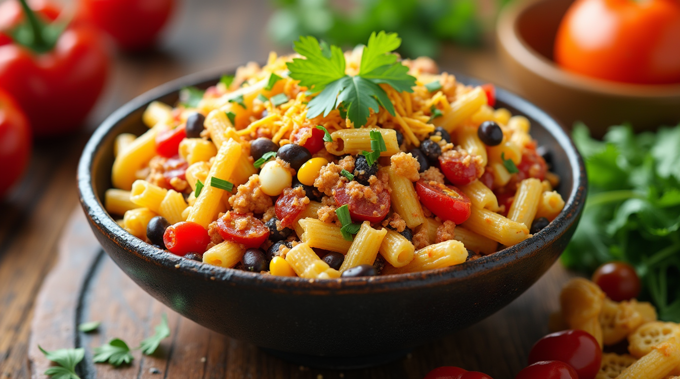 A bowl of vibrant Mexican macaroni salad with elbow pasta, corn, black beans, bell peppers, and a creamy, zesty dressing, garnished with fresh cilantro.