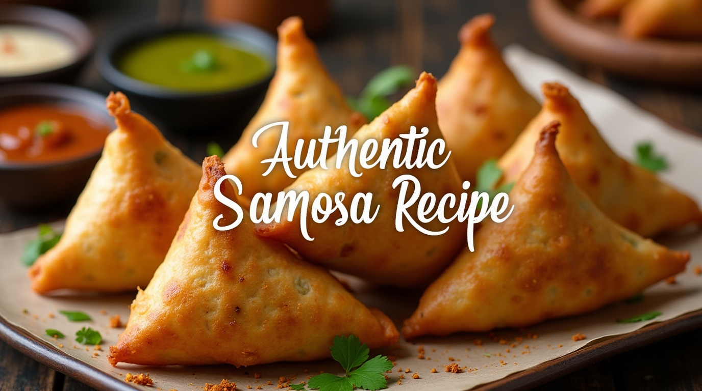 Golden, crispy Indian samosas filled with spiced potato and peas, served with tamarind and green chutney on a plate.