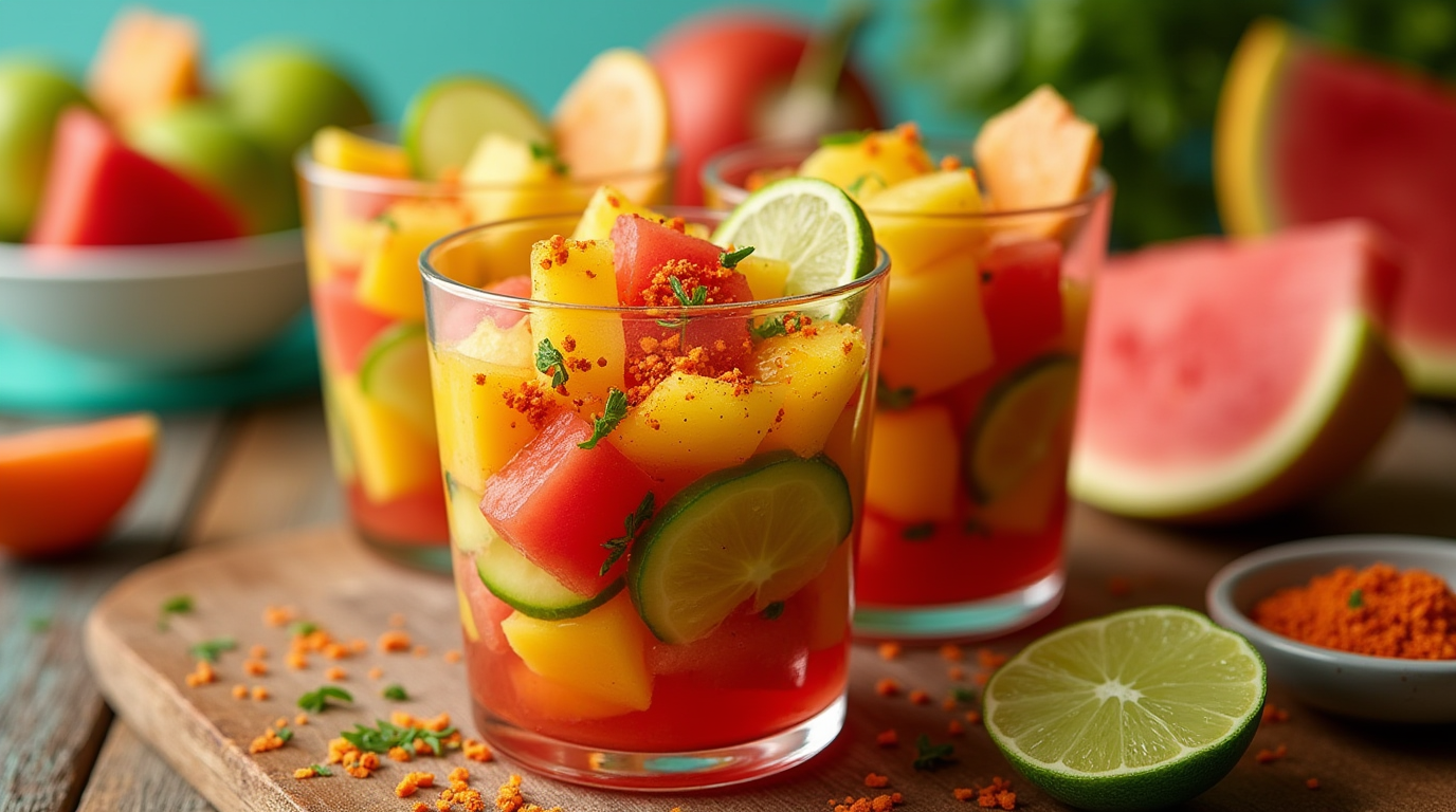 Vibrant Mexican fruit cups filled with freshly sliced mango, watermelon, pineapple, and cucumber, sprinkled with chili powder and drizzled with lime juice.