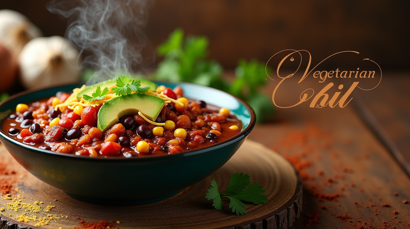 A bowl of The Ultimate Vegetarian Chili, filled with beans, tomatoes, and colorful vegetables, topped with avocado slices, fresh cilantro, and a dollop of sour cream. Served with a side of crusty bread or tortilla chips.