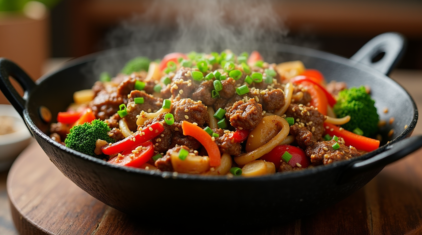 A colorful bowl of ground beef stir fry with a mix of bell peppers, onions, and vegetables, all coated in a savory sauce and served over rice.