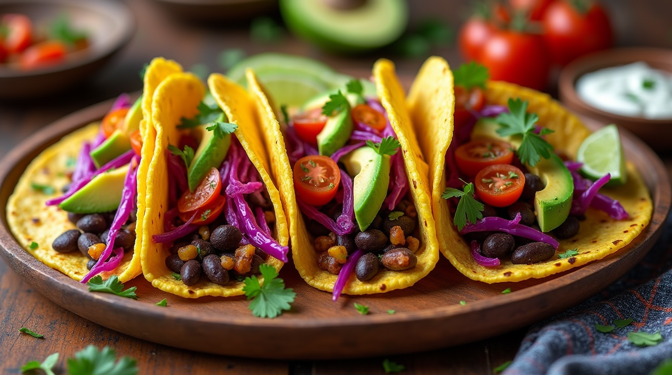 A plate of Mexican Street Corn & Black Bean Tacos served on warm corn tortillas, topped with charred street corn, black beans, red cabbage, avocado slices, cherry tomatoes, and fresh cilantro, with lime wedges on the side.