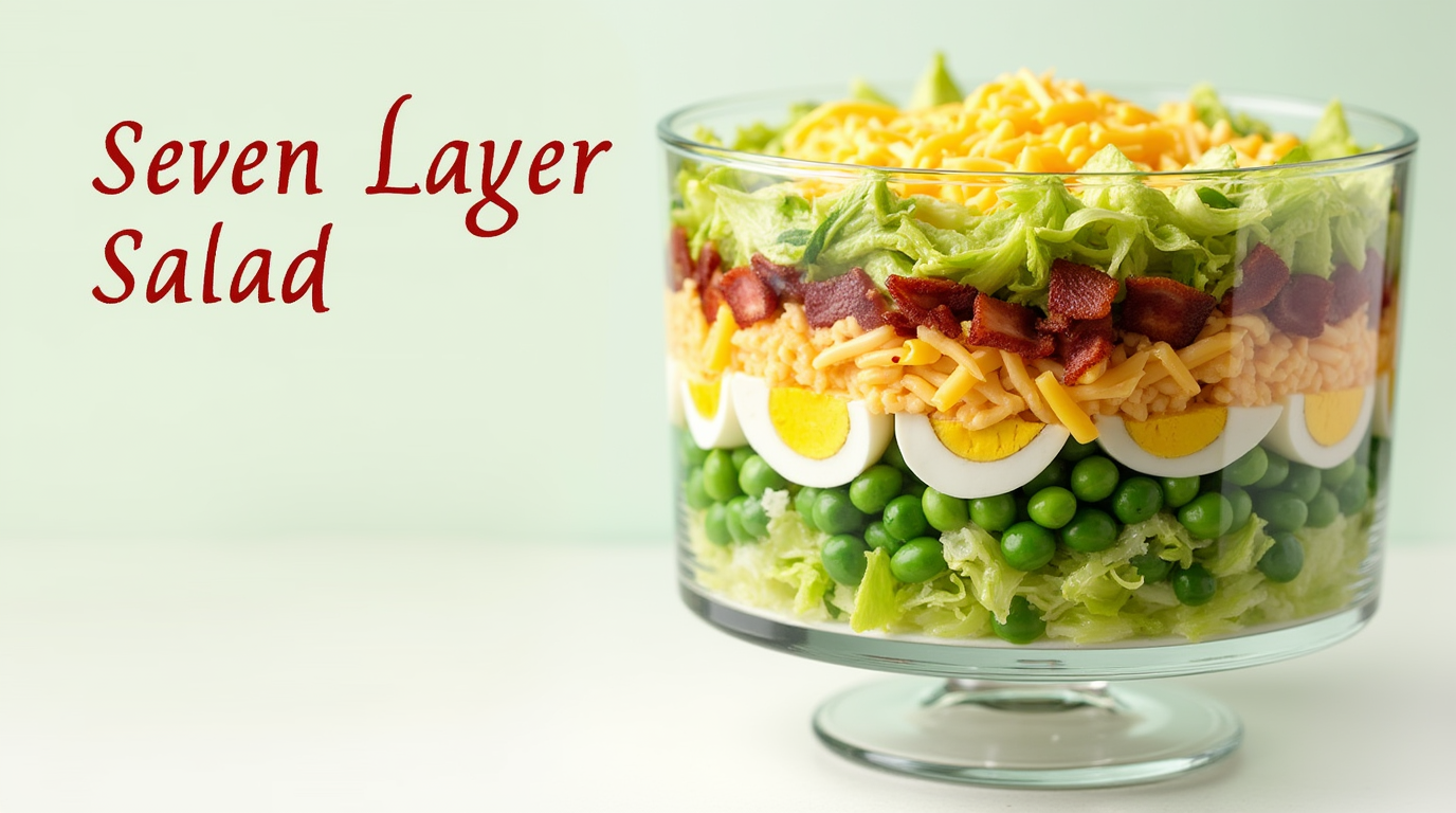 Colorful seven layer salad in a glass trifle dish, showcasing layers of lettuce, peas, hard-boiled eggs, bacon bits, shredded cheese, green onions, and creamy dressing.