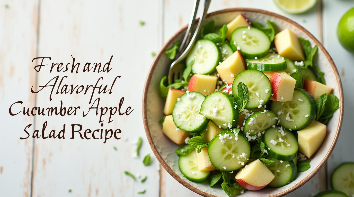 A refreshing cucumber apple salad in a white bowl, garnished with fresh herbs and a light dressing.