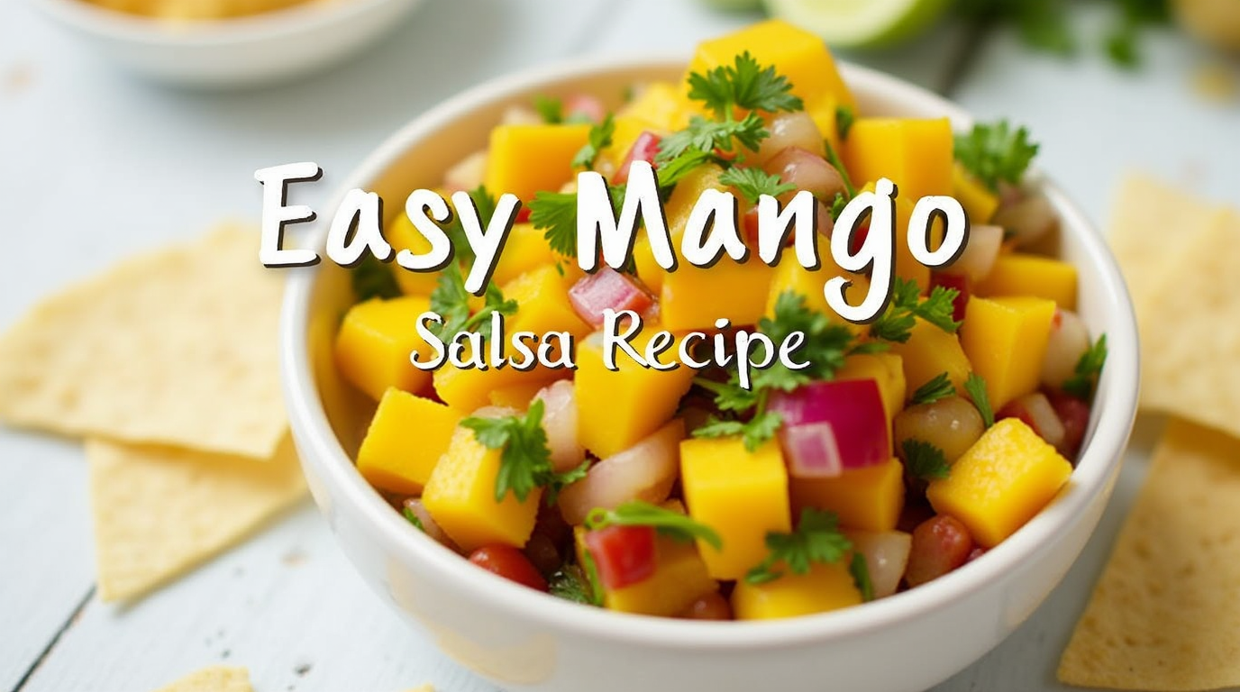 A bowl of fresh mango salsa with diced mangoes, red bell peppers, red onions, cilantro, and lime, served with tortilla chips on a wooden table.
