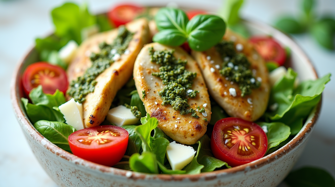 A vibrant basil pesto chicken salad served in a white bowl, featuring tender grilled chicken, cherry tomatoes, fresh greens, and a drizzle of pesto dressing.