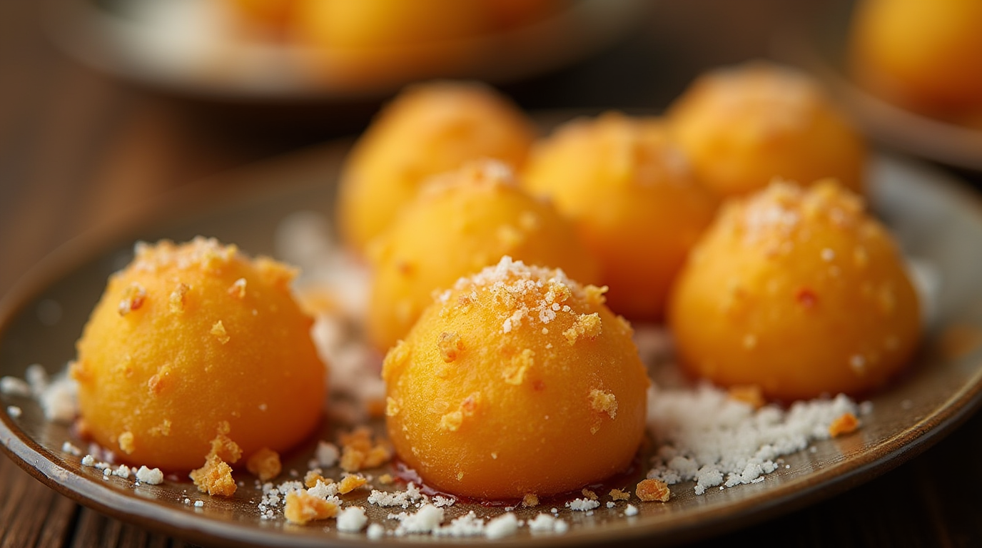 A close-up image of Filipino Yema Balls, golden and shiny, with a dusting of sugar on top, placed on a white plate against a vibrant background.