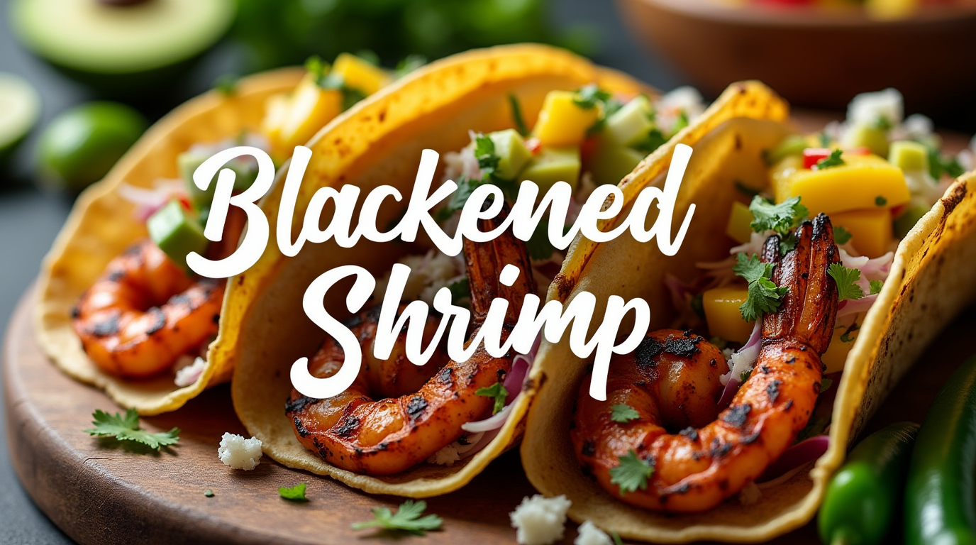 Blackened shrimp tacos with fresh vegetables, creamy sauce, and a lime wedge on a wooden plate.