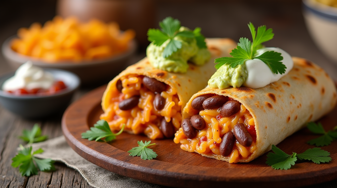 A cheesy bean and rice burrito, sliced in half to reveal a warm and flavorful filling of seasoned beans, fluffy rice, and melted cheese, wrapped in a soft tortilla.