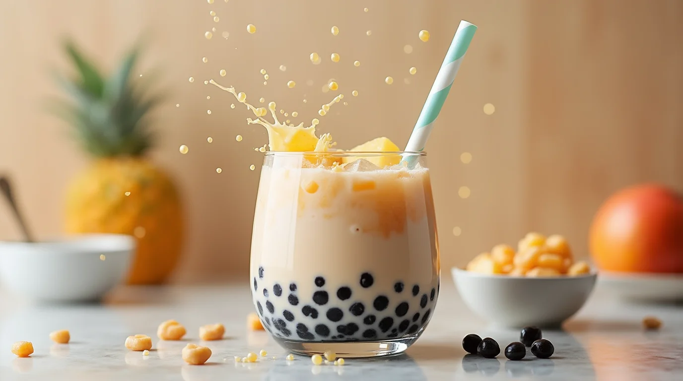 A homemade cup of boba tea with black tapioca pearls, topped with ice and a colorful straw, sitting on a wooden table.