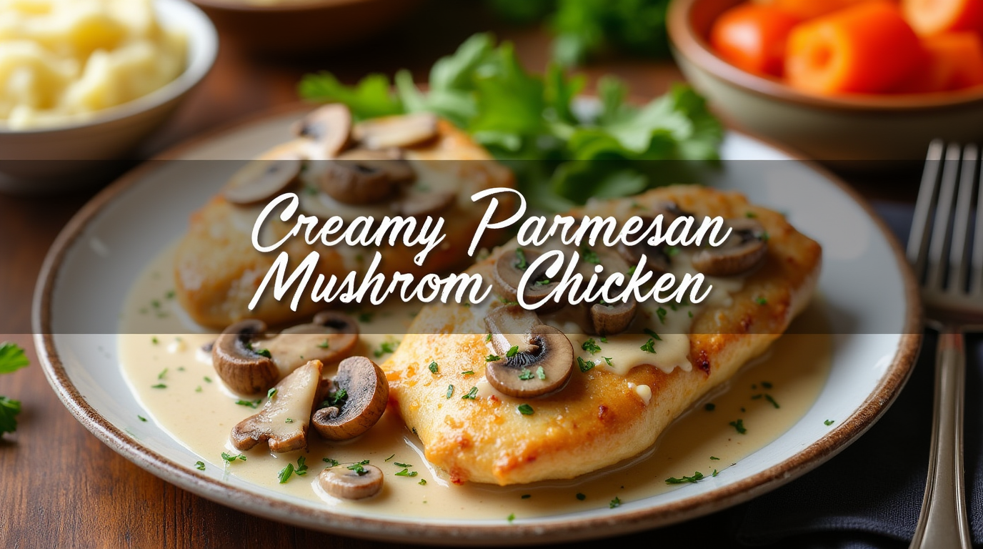 A skillet of creamy Parmesan garlic mushroom chicken with golden-brown chicken breasts smothered in a rich, velvety mushroom sauce.
