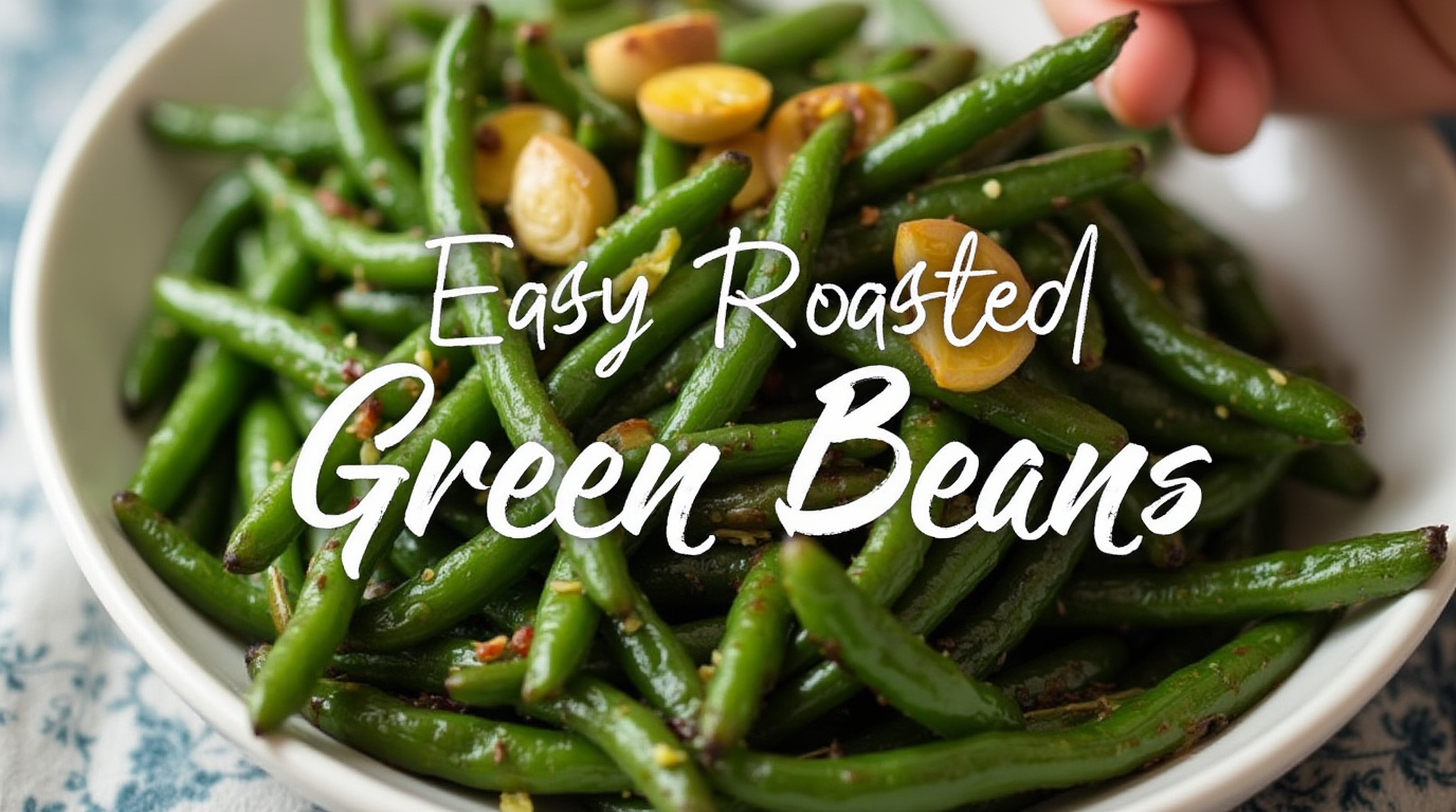 A close-up of fresh green beans tossed with olive oil and garlic, roasted until tender and slightly charred, arranged artfully on a rustic white plate.