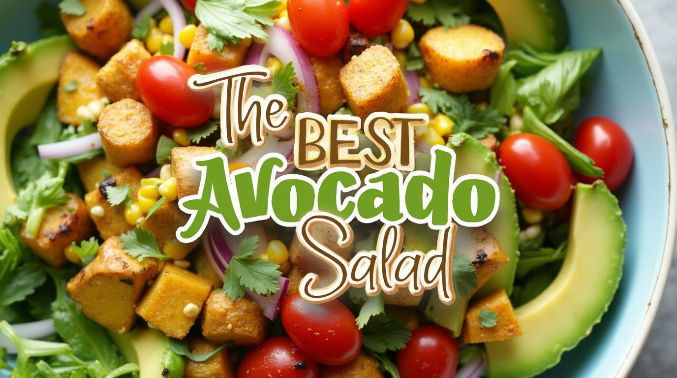 A fresh avocado salad in a white bowl, featuring ripe avocado chunks, cherry tomatoes, red onion, cucumber, and cilantro, drizzled with a light dressing.