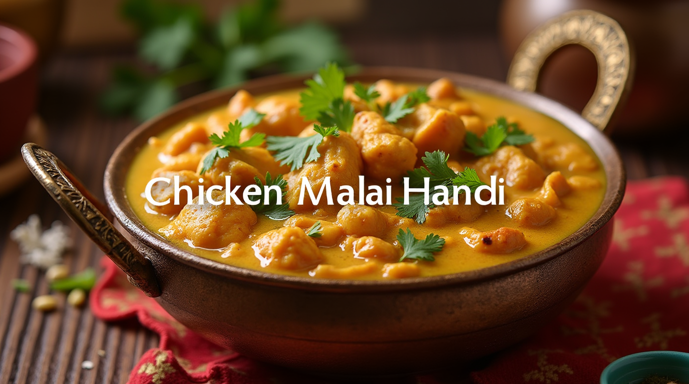 A vibrant bowl of Chicken Malai Handi showcasing tender chicken pieces simmered in a rich, creamy sauce, garnished with fresh cilantro and a sprinkle of aromatic spices.